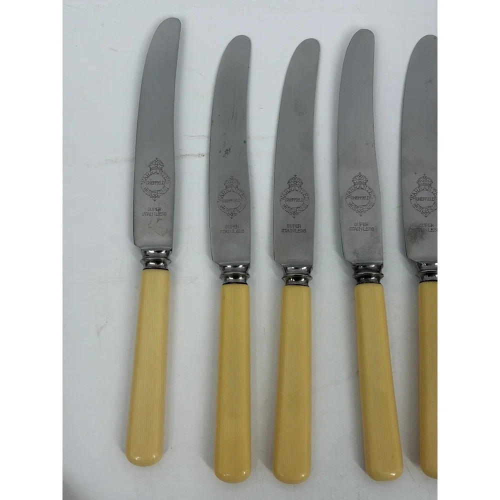 Vintage Sheffield Dinner Knives Set 6‎ Yellow Handle MCM Retro Flatware
